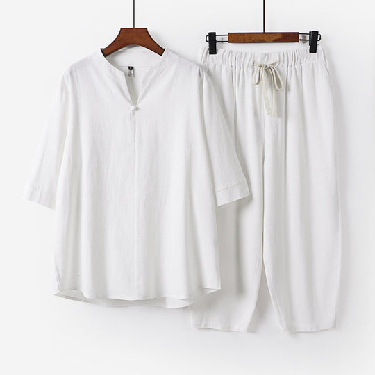 Damen Leichtes Leinen-Baumwoll-Loungewear-Set mit Stehkragen, Dreiviertelärmeln und Gummizugbundhose Shop Nory