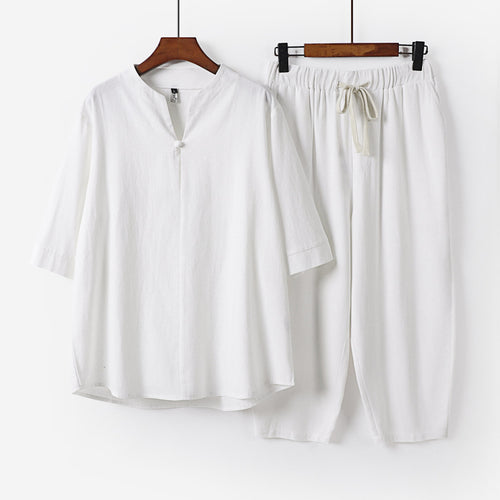 Damen Leichtes Leinen-Baumwoll-Loungewear-Set mit Stehkragen, Dreiviertelärmeln und Gummizugbundhose Shop Nory