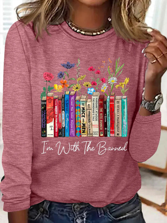 Damen Langarmshirt mit Bücher- und Blumenmotiv