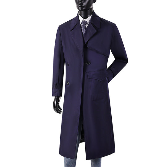 Herren Langmantel im Trenchcoat-Stil mit Sturmklappe, asymmetrischen Taschen und klassischem Revers Shop Nory