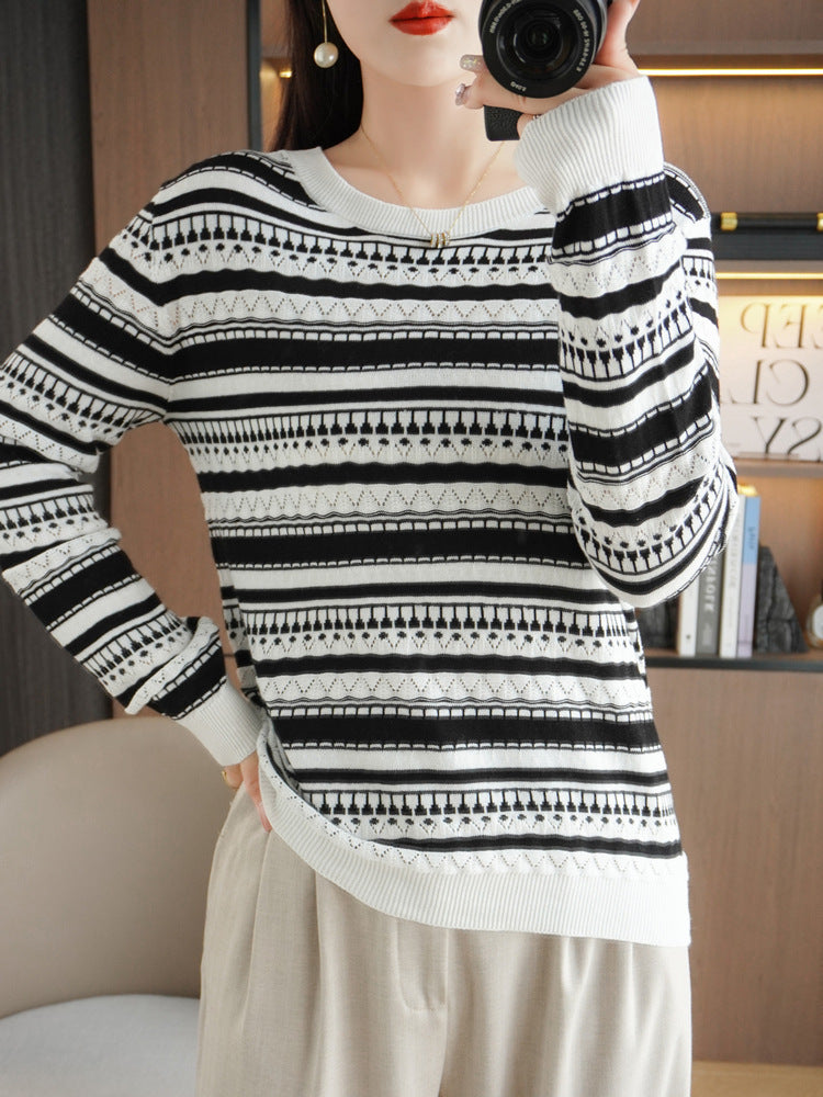 Damen Leichter Rundhals-Feinstrickpullover mit geometrischem Ajourstreifenmuster Shop Nory