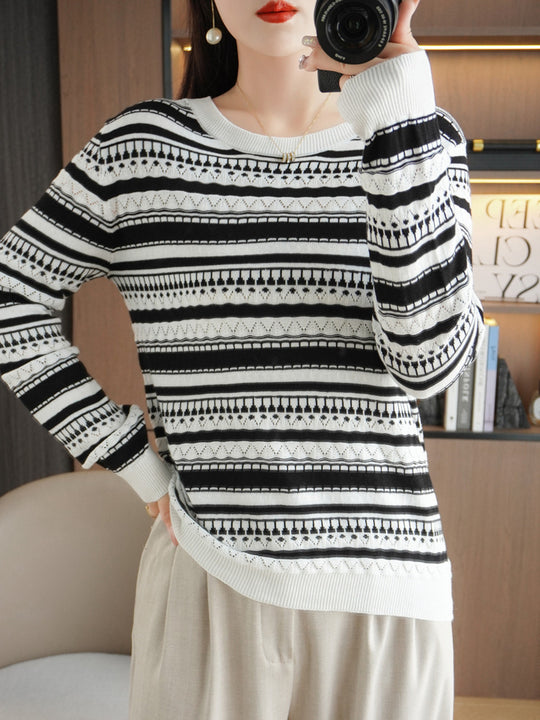 Damen Leichter Rundhals-Feinstrickpullover mit geometrischem Ajourstreifenmuster Shop Nory