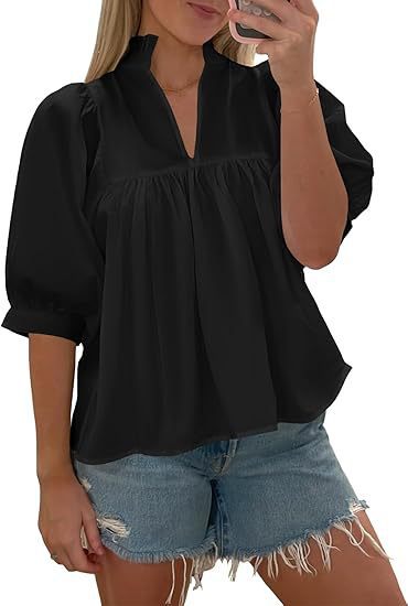 Damen Lockeres Baumwoll-Tunika-Oberteil mit Stehkragen, Raffung und Puffärmeln Shop Nory