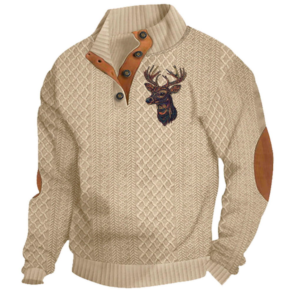 Herren nan Heritage-Strukturpullover mit Stehkragen Lederimitat-Besatz Ellenbogen-Patches und Halbknopfleiste
