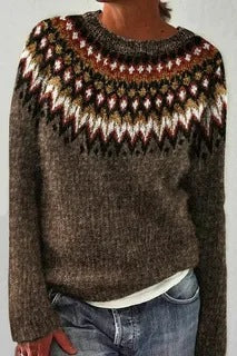 Damen nan melierter Rundhalsausschnittpullover mit kreisförmigem Jacquard-Yoke und geripptem Saum Shop Nory