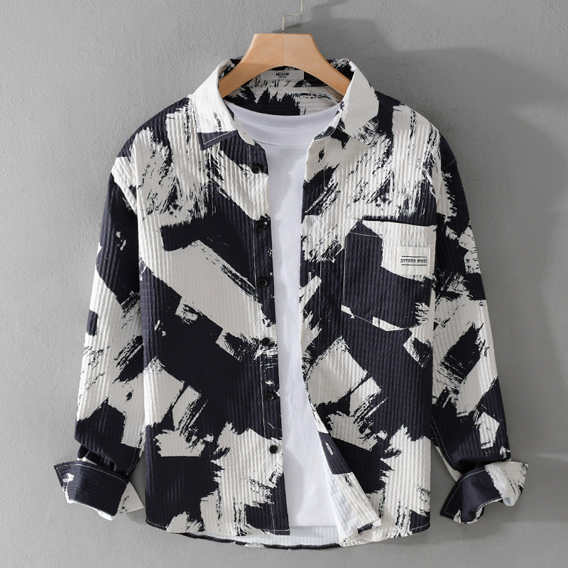 Herren Gekreppte Overshirt‑Hemdjacke mit abstraktem Pinselprint und Brusttasche Shop Nory