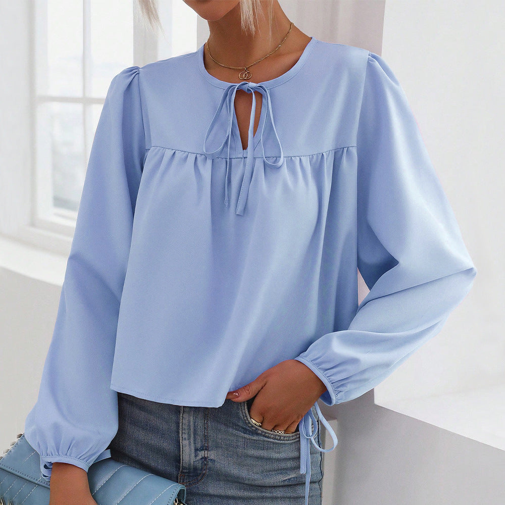 Damen lockere Bluse mit gerüschtem Einsatz, Bindeschleife am Ausschnitt und Kordelärmeln Shop Nory