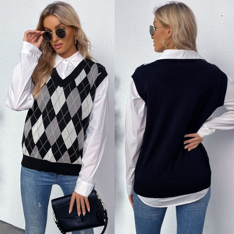 Damen Argyle-Strickweste mit V-Ausschnitt und lässiger Oversize-Passform Shop Nory