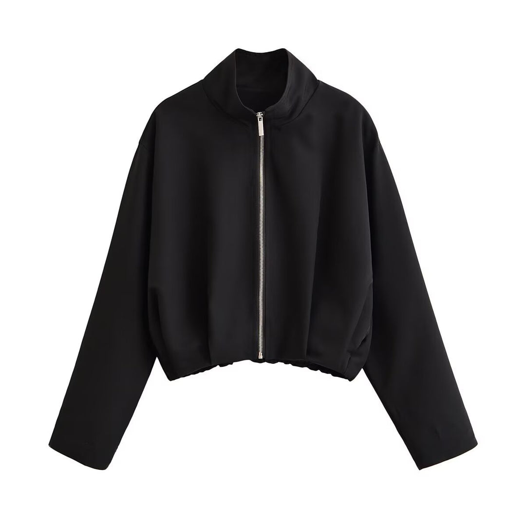 Damen Kurze Boxy-Jacke mit Stehkragen und sichtbarem Metallreißverschluss Shop Nory