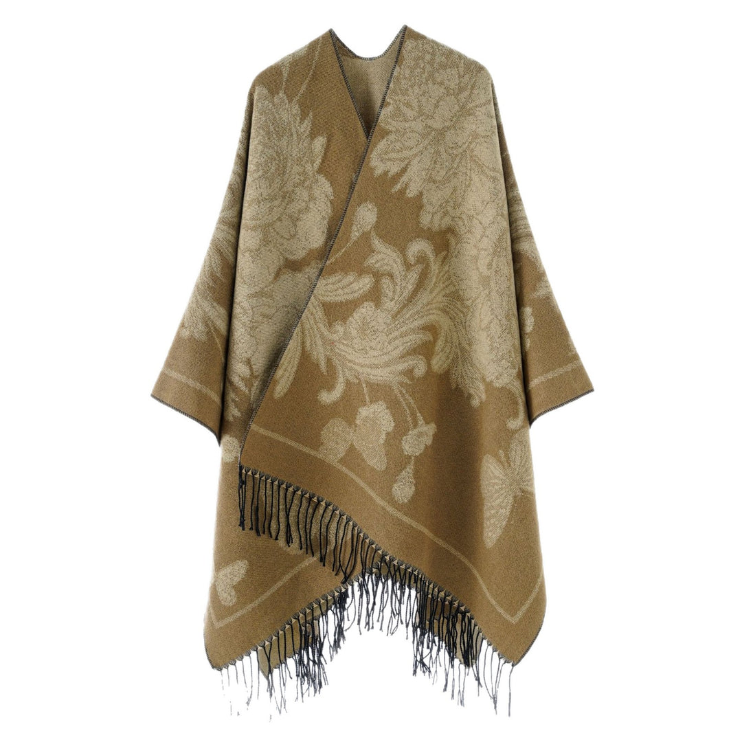 Damen Wendbarer Strickcape-Poncho mit Fransen und kontrastierenden Streifen Shop Nory