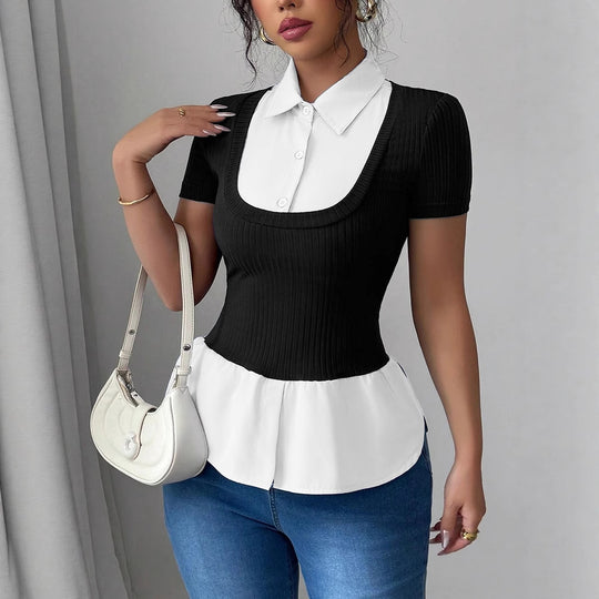 Damen Kurzärmeliges Layering-Top mit Fake-Hemdkragen und Rippstrickkörper Shop Nory