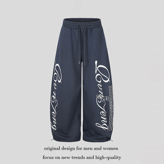 Damen Palazzo-Sweatpants im Culotte-Stil mit hohem Bund, Tunnelzug, Schriftprint und Strassbesatz Shop Nory