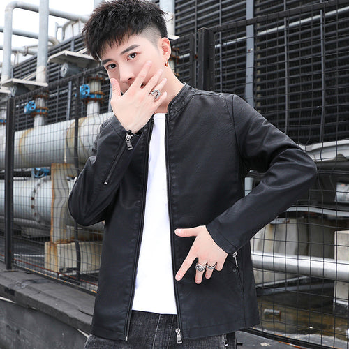 Herren schlanker Kunstleder‑Moto‑Blouson mit Stehkragen und Reißverschluss‑Taschen Shop Nory