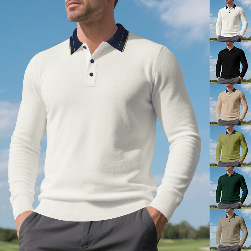 Herren elegantes Langarm-Polohemd mit kontrastierendem Kragen und modischen Knopfdetails
