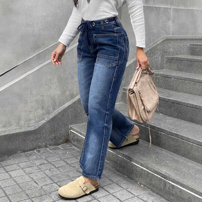 Damen Hochtaillierte Jeans mit geradem Bein, Tunnelzugbund und aufgesetzten Taschen Shop Nory