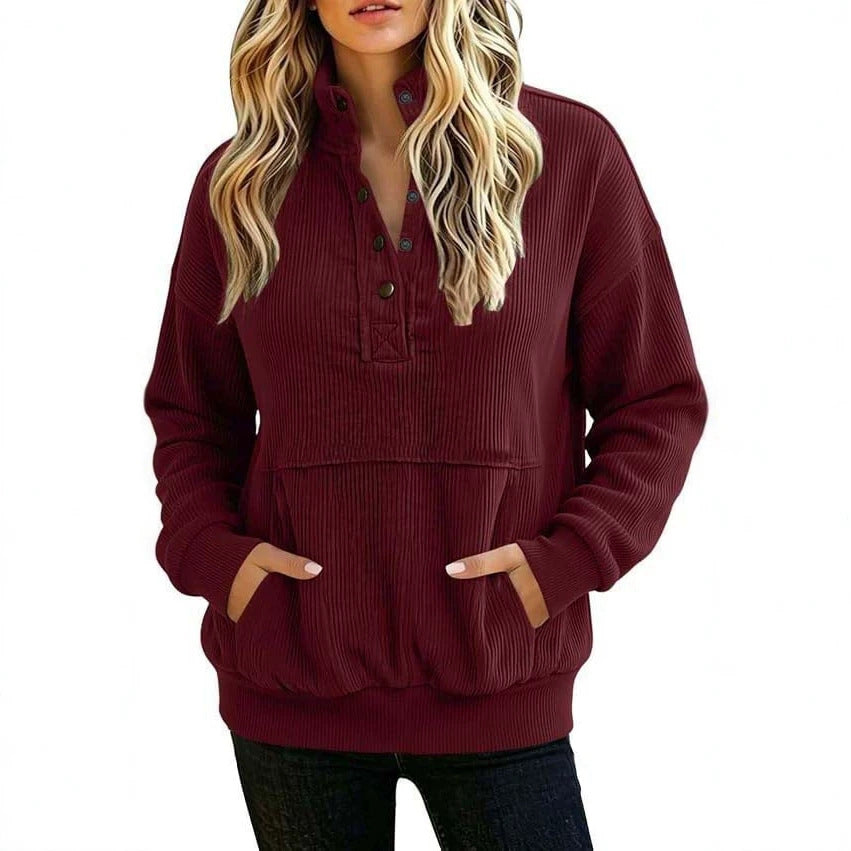 Damen gerippter Henley-Pullover mit Stehkragen und Kängurutasche Shop Nory