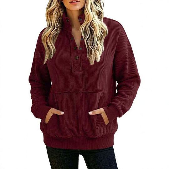 Damen gerippter Henley-Pullover mit Stehkragen und Kängurutasche Shop Nory