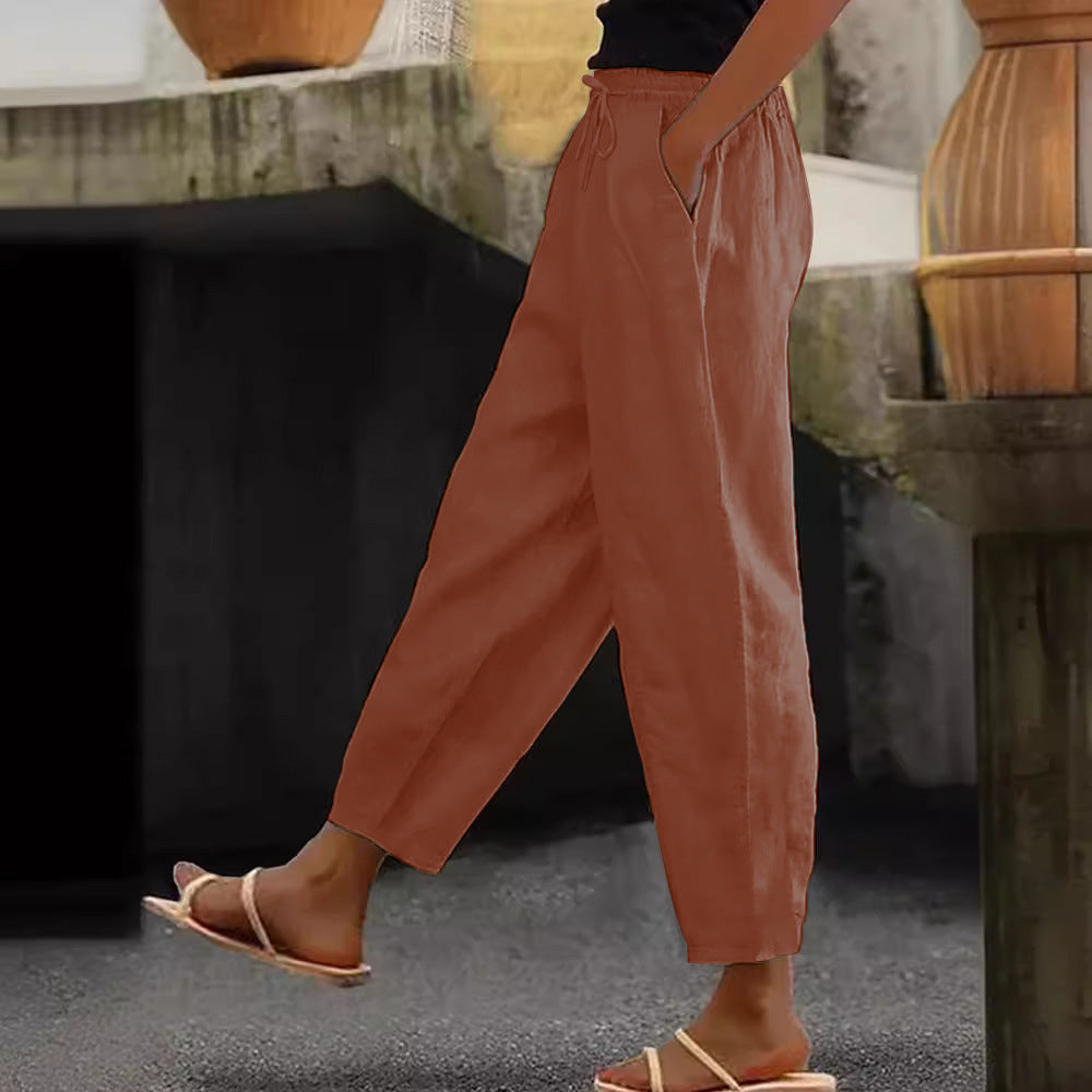 Damen Leinen-Mischung Cropped-Hose mit elastischem Bund, Kordelzug und Seitentaschen Shop Nory