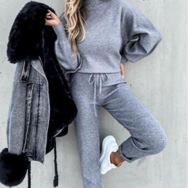 Damen Strick-Loungewear-Set mit Ballonärmeln und taillierter Jogginghose Shop Nory