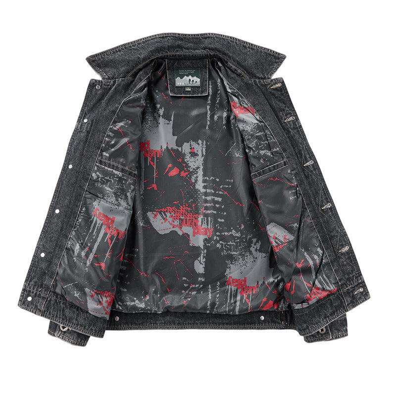 Herren gewaschene Denim-Workerjacke mit bedrucktem Innenfutter und Brustpattentaschen Shop Nory