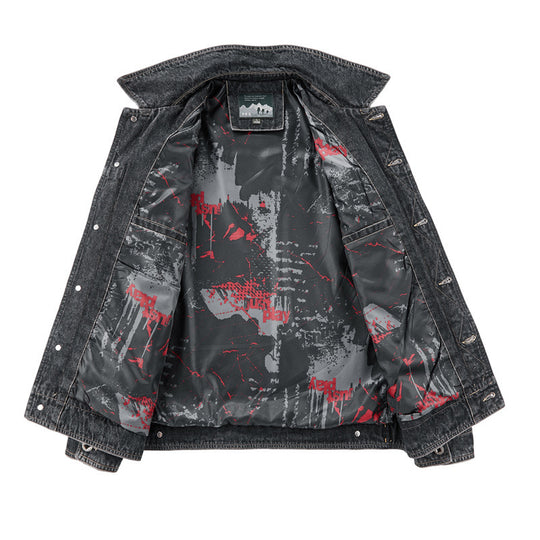 Herren gewaschene Denim-Workerjacke mit bedrucktem Innenfutter und Brustpattentaschen Shop Nory