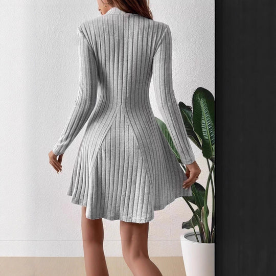 Damen Geripptes Strickkleid mit Stehkragen, taillierter A‑Linie und langen Ärmeln Shop Nory