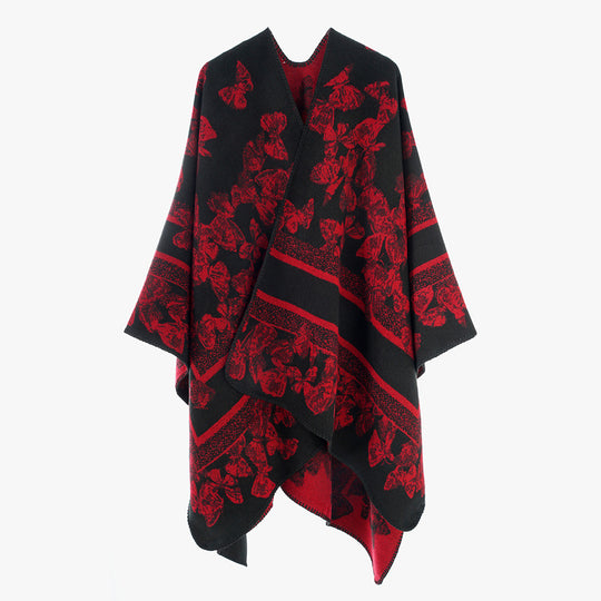 Damen Schmetterlings-Jacquard-Ruana aus Wollmix mit geschwungenem Saum Shop Nory