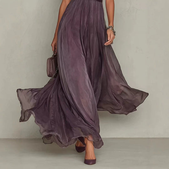 Damen nan langes Chiffon-Abendkleid mit Spitzen‑Stehkragen, Schlüsselöffnung und taillierter Schärpe