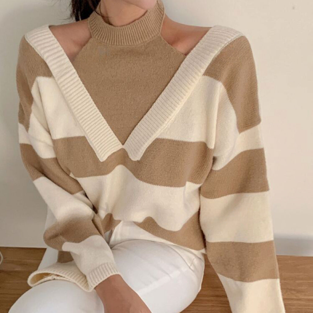 Damen Schulterfreier gestreifter Strickpullover mit Cut-Out-Schultern und V‑Einsatz Shop Nory
