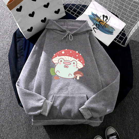 Damen nan weicher Oversize-Kapuzenpullover mit kawaii Pilzfrosch-Print, Kängurutasche und gerippten Bündchen Shop Nory