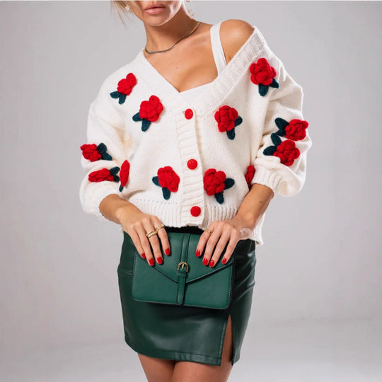 Damen Geblümter Strick-Cardigan mit 3D-Blumenapplikationen und V-Ausschnitt Shop Nory