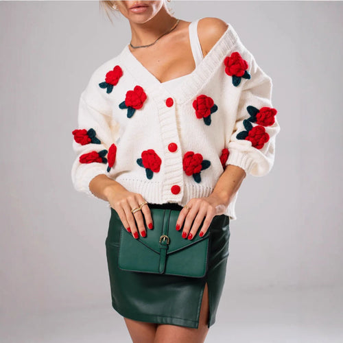 Damen Geblümter Strick-Cardigan mit 3D-Blumenapplikationen und V-Ausschnitt Shop Nory