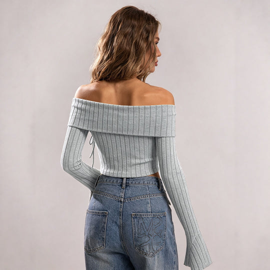 Damen schulterfreies geripptes Strick-Top mit asymmetrischem Zipfelsaum und Schnürdetail Shop Nory