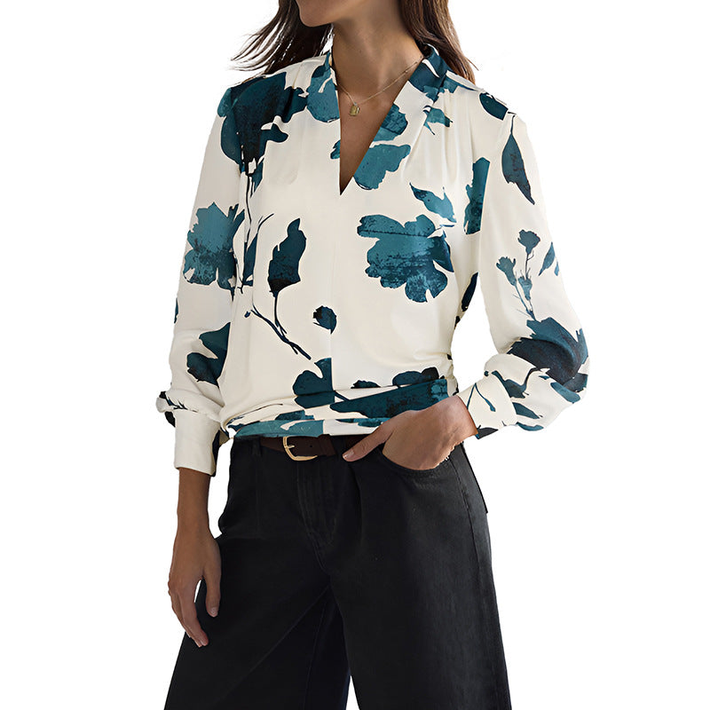 Damen Watercolor-Bluse mit V-Ausschnitt, Plissée-Schulter und legerer Wickeloptik Shop Nory