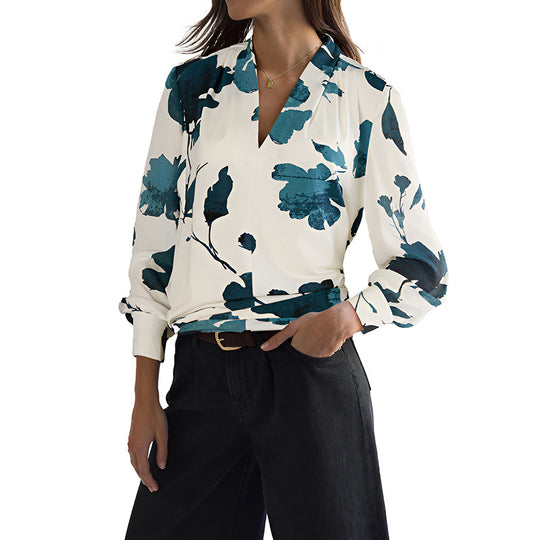 Damen Watercolor-Bluse mit V-Ausschnitt, Plissée-Schulter und legerer Wickeloptik Shop Nory
