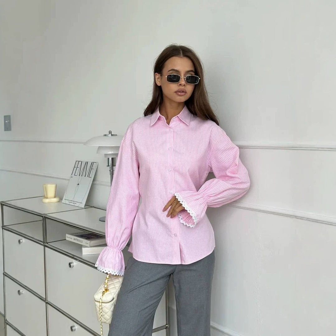 Damen Gestreifte Baumwollbluse mit Spitzenbesatz an Glockenärmeln Shop Nory
