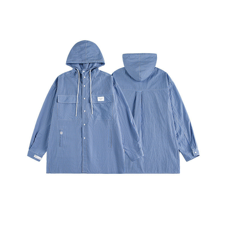 Unisex Kapuzen-Overshirt im karierten Longline-Schnitt mit Pattentaschen und Druckknopfleiste Shop Nory