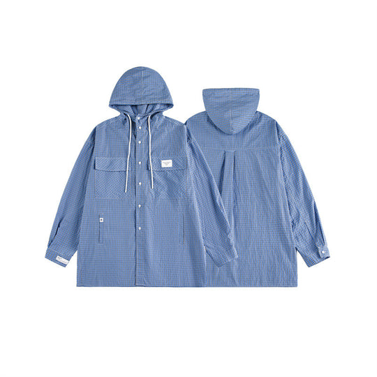 Unisex Kapuzen-Overshirt im karierten Longline-Schnitt mit Pattentaschen und Druckknopfleiste Shop Nory