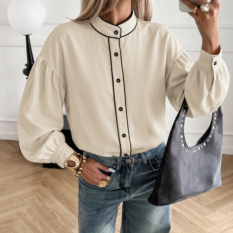 Damen Bluse mit Stehkragen, kontrastierender Paspelierung und Ballonärmeln Shop Nory