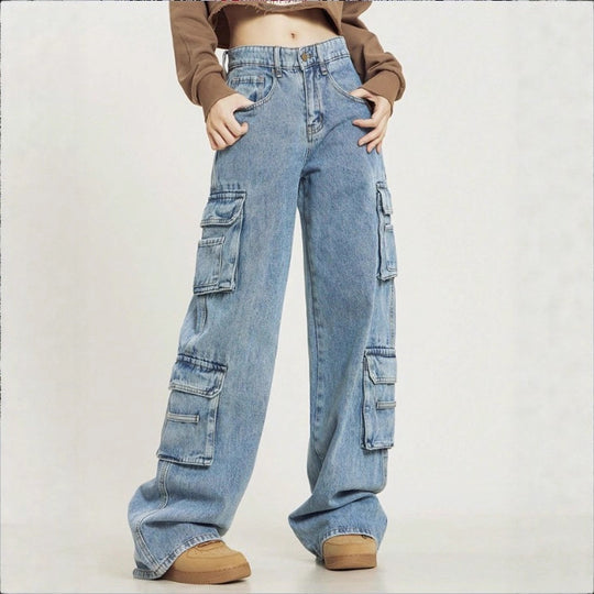 Damen Hochgeschnittene Baggy-Cargo-Jeans mit Mehrfach‑Utility‑Taschen Shop Nory