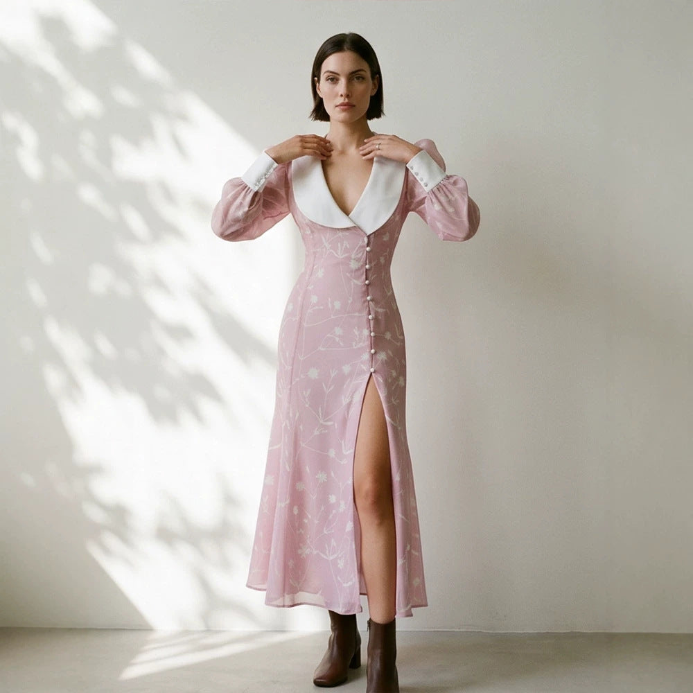 Damen Midikleid mit tiefem Schalkragen, Puffärmeln und seitlichem Schlitz Shop Nory