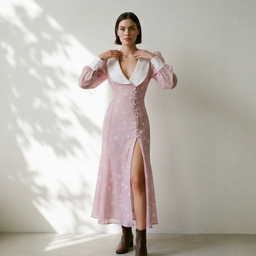 Damen Midikleid mit tiefem Schalkragen, Puffärmeln und seitlichem Schlitz Shop Nory