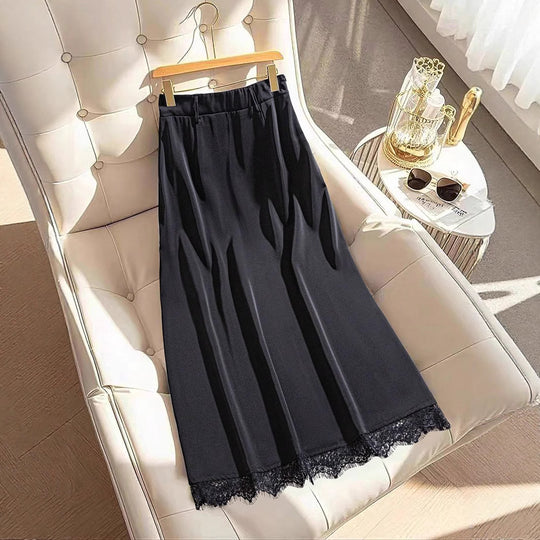Damen Midirock mit Plisseefalten, hoher Taille, Taillengürtel und Spitzenbesatz Shop Nory