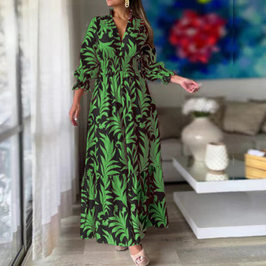 Damen Langes Maxikleid mit V-Ausschnitt, elastischem Smokbund, Stufenrock und Ballonärmeln Shop Nory