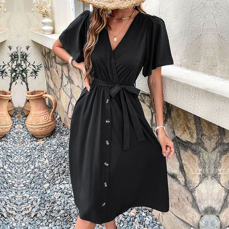 Damen Midi-Kleid mit eleganter Wickeloptik und praktischen Knopfdetails