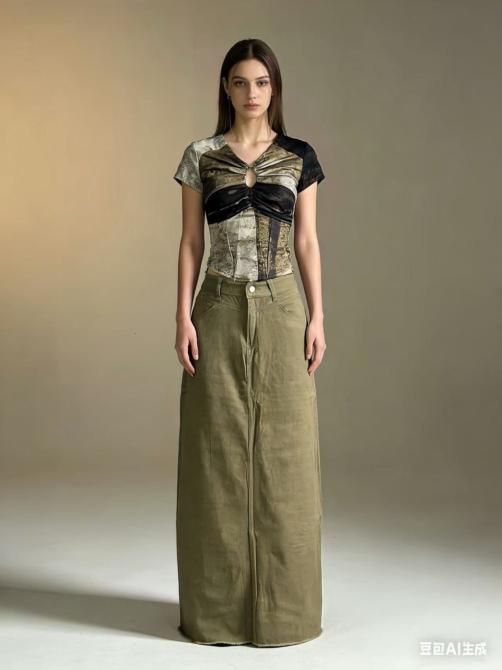 Damen Maxi-Denim-Rock mit hohem Bund und fransigem Saum