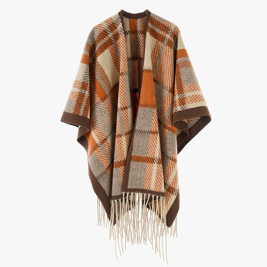 Damen Oversize-Wollmix-Poncho mit Karomuster und Fransensaum Shop Nory