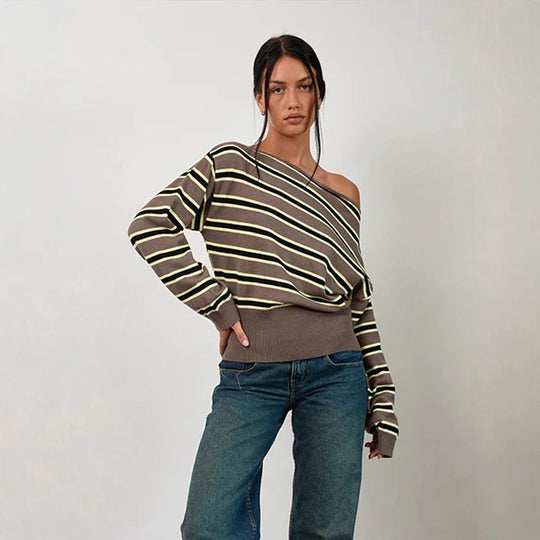 Damen Feinstrick-Boatneck-Pullover mit asymmetrischem Schulterfall, breitem Rippbund und lässigen Ballonärmeln Shop Nory