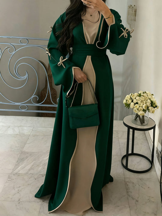 Damen nan elegante Abaya-Kaftan mit weitem Trompetenärmel, kontrastierender Passe und Wickelgürtel Shop Nory