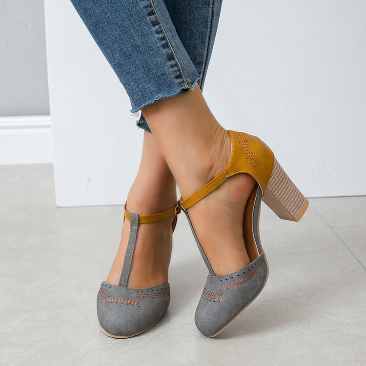 Damen T‑Strap Pumps mit mittelhohem Blockabsatz und dekorativer Ziernaht Shop Nory